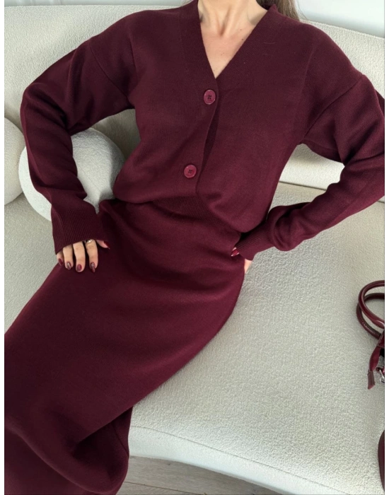 V Yaka 3 Düğmeli Hırka Takım Triko İkili Etekli - Bordo