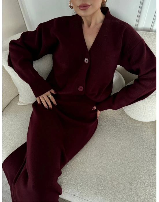 V Yaka 3 Düğmeli Hırka Takım Triko İkili Etekli - Bordo