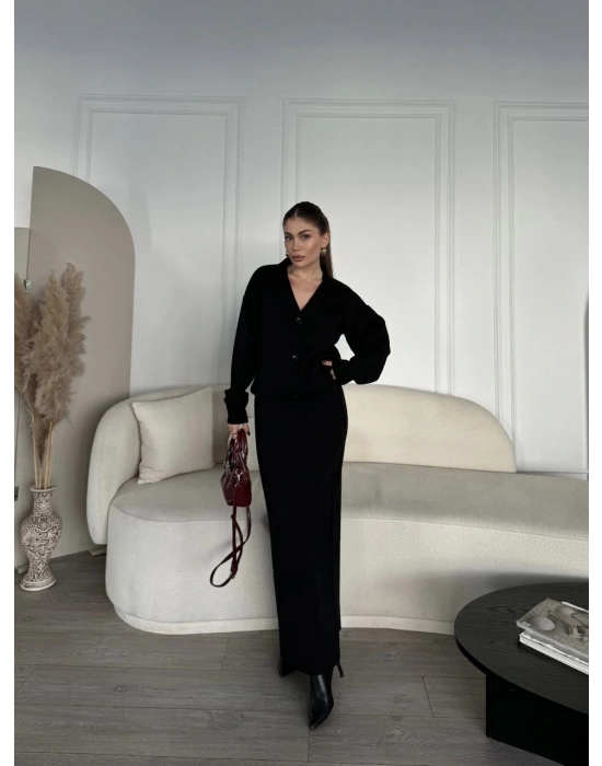 V Yaka 3 Düğmeli Hırka Takım Triko İkili Etekli - Siyah