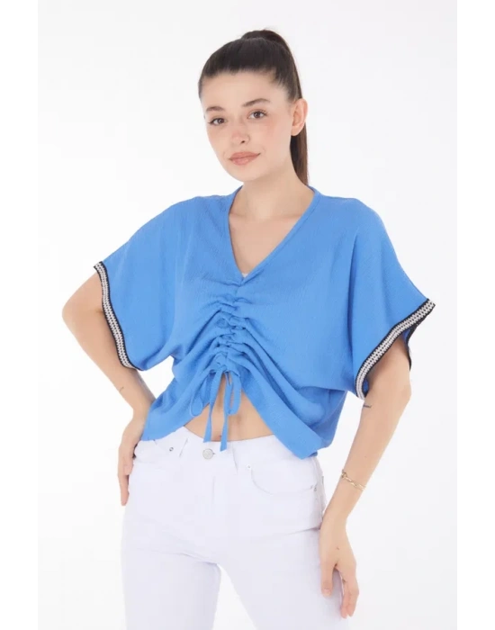 V yaka büzgülü detaylı bluz