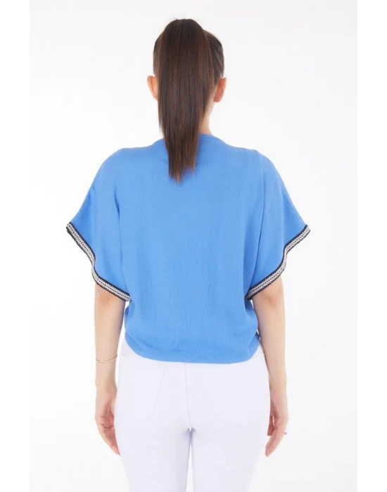 V yaka büzgülü detaylı bluz