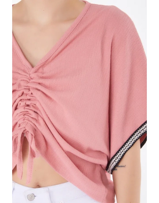 V yaka büzgülü detaylı bluz