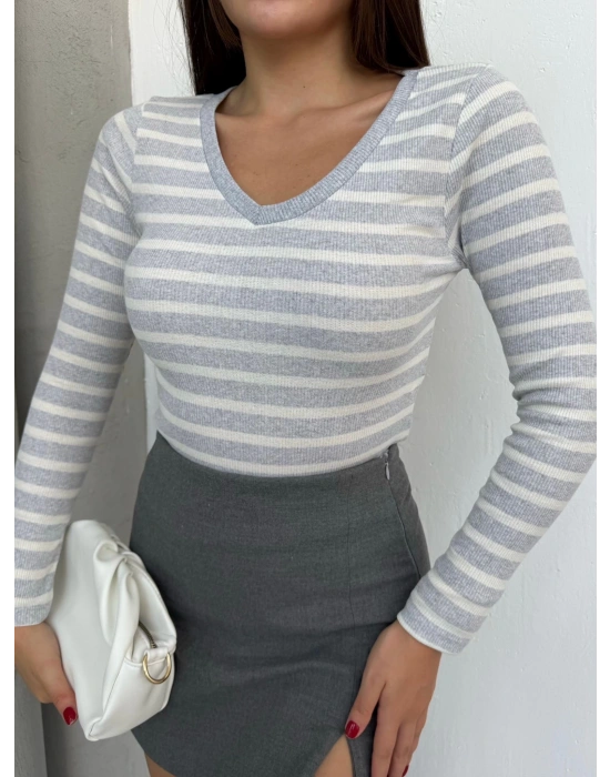 V yaka çizgili bluz gri A3699