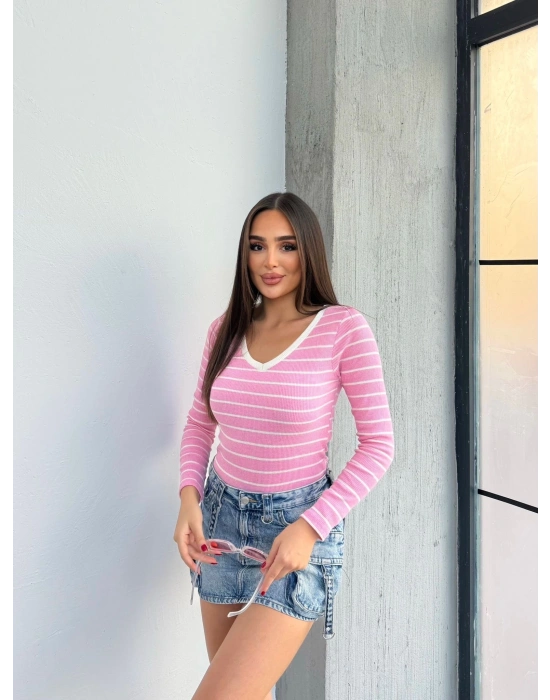 V yaka çizgili bluz pembe A3699