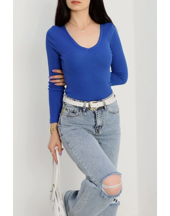 V yaka kaşkorse bluz saks mavisi a3699