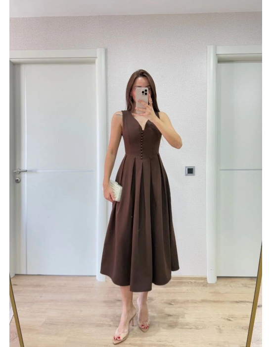 V yaka Krep Arka Ön Pens Detaylı Uzun Kolsuz Elbise- Kahverengi