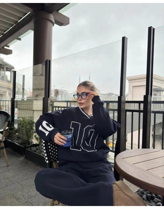 V Yaka Üç İplik Sweat Takım - Siyah