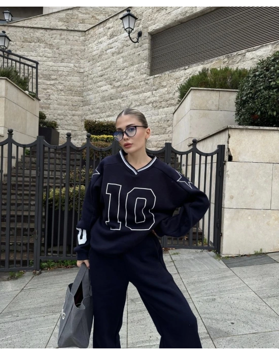 V Yaka Üç İplik Sweat Takım - Siyah