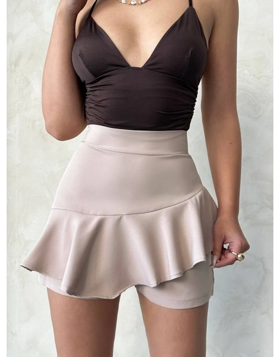 Valonlu fırfırlı şort bej s24683