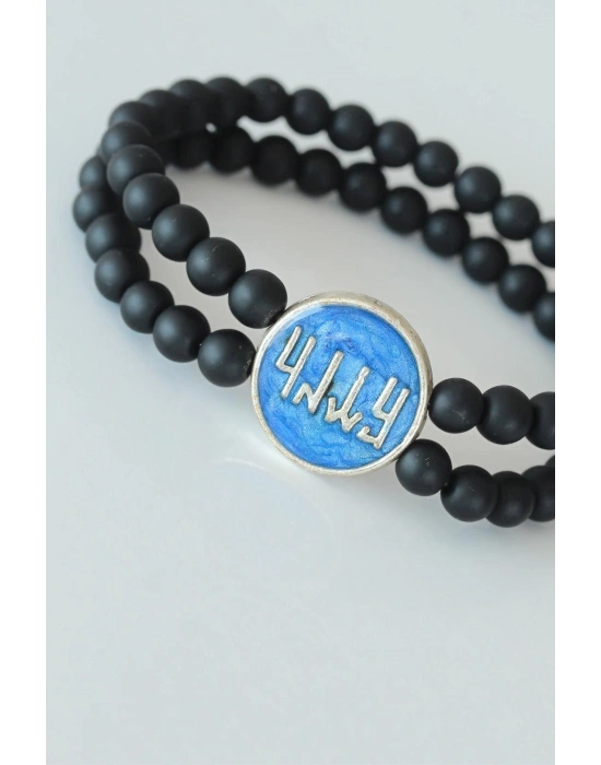 Vav Figürlü Lacivert Metal Aksesuarlı Çift Sıra Oniks Doğal Taş Erkek Bileklik