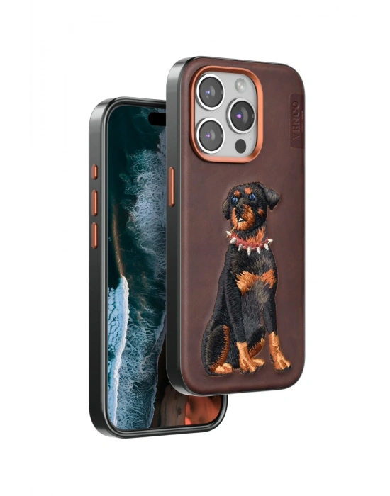 Venco iPhone 15 Pro Perma Desenli Kapak - Koyu Kahve