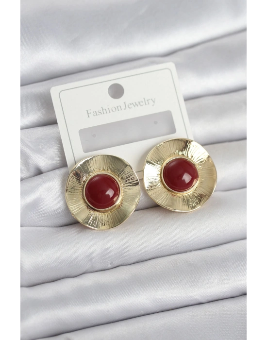 Vintage Model Bordo Gold Renk Pirinç Kadın Küpe