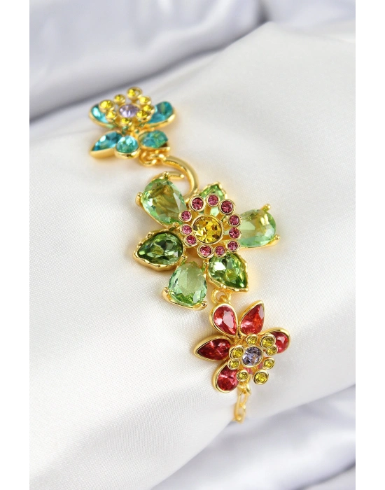 VIP Pirinç Zirkon Taşlı Çiçek Model Gold Renk Kadın Bileklik