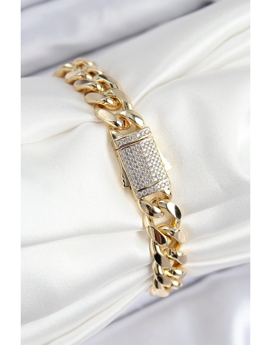 VIP Pirinç Zirkon Taşlı Klasik Zincir Model Gold Renk Kadın Bileklik