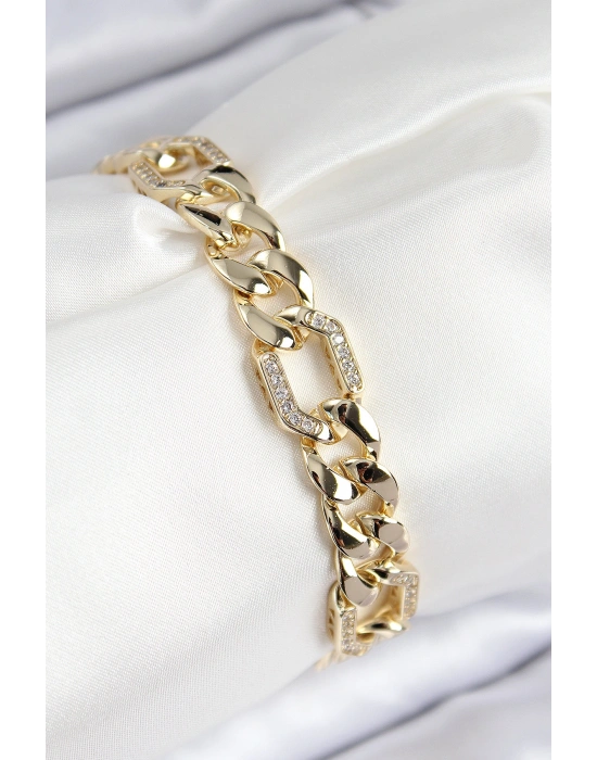 VIP Pirinç Zirkon Taşlı Parçalı Zincir Model Gold Renk Kadın Bileklik