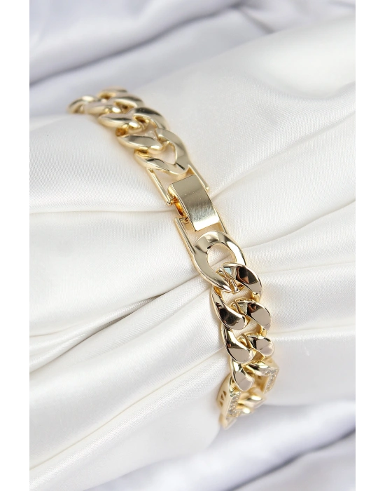 VIP Pirinç Zirkon Taşlı Parçalı Zincir Model Gold Renk Kadın Bileklik