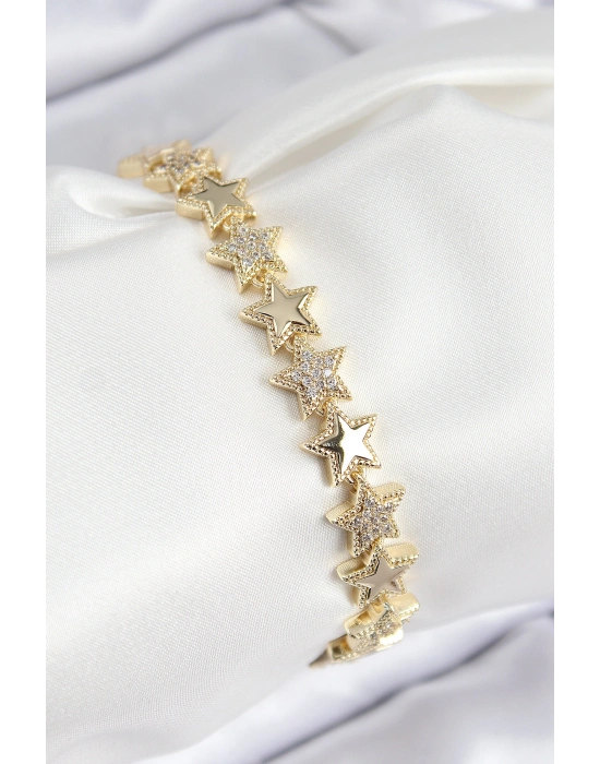 VIP Pirinç Zirkon Taşlı Yıldız Model Gold Renk Kadın Bileklik