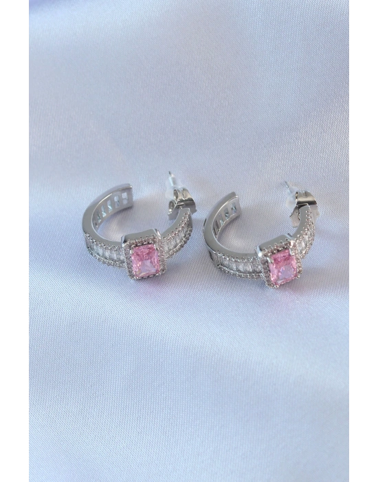 VIP Seri Gümüş Renk Yarım Halka Model Zirkon Taşlı Pirinç Kadın Küpe