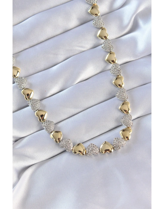 Vip Seri Pirinç Çift Renk Zirkon Taşlı Kalp Tasarımlı Kolye