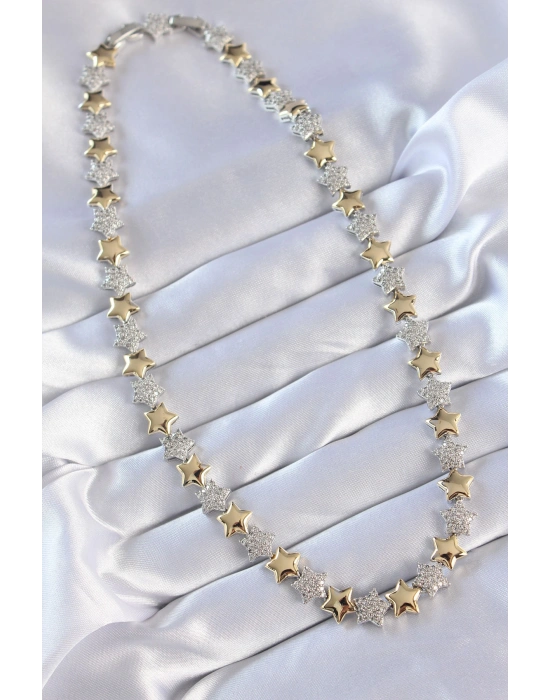 Vip Seri Pirinç Çift Renk Zirkon Taşlı Yıldız Tasarımlı Kolye