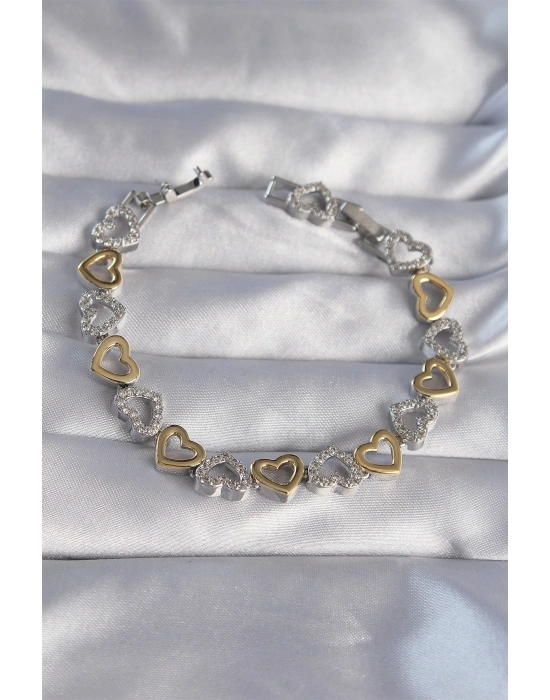 Vip Seri Pirinç Çift Renkli Zirkon Taşlı İçi Boş Kalp Tasarımlı Bileklik