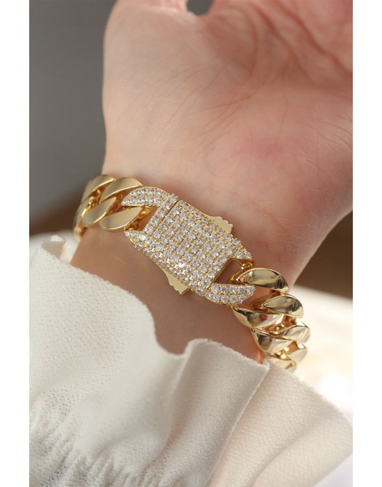 Vip Seri Pirinç Ortası Zirkon Taşlı Gold Renk Gurmet Bileklik