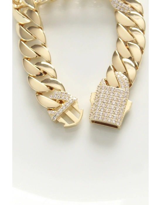 Vip Seri Pirinç Ortası Zirkon Taşlı Gold Renk Gurmet Bileklik