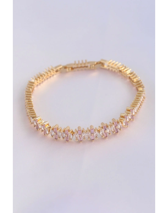 Vip Seri Pirinç Pembe Zirkon Taşlı Gold Renk Baget Model Bileklik