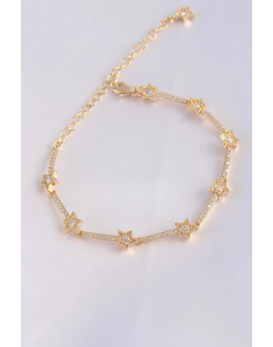 Vip Seri Pirinç Zirkon Taşlı Gold Renk Halley Model Bileklik