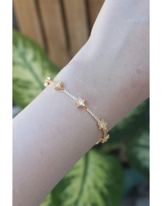 Vip Seri Pirinç Zirkon Taşlı Gold Renk Halley Model Bileklik