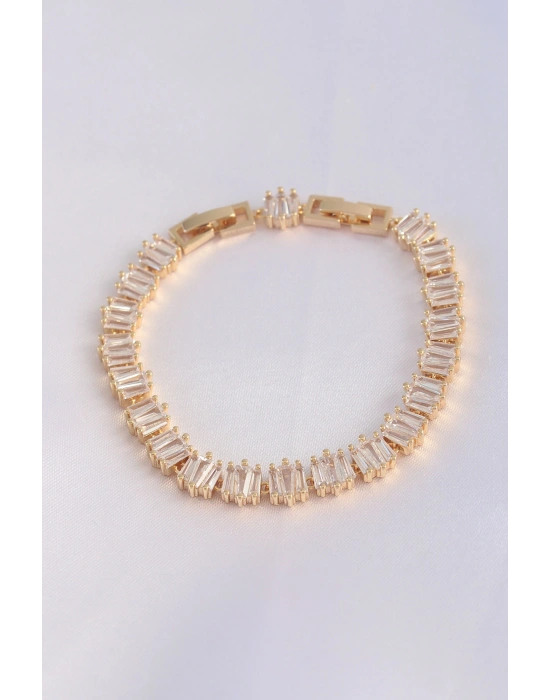 Vip Seri Pirinç Zirkon Taşlı Gold Renk Kare Su Yolu Model Bileklik