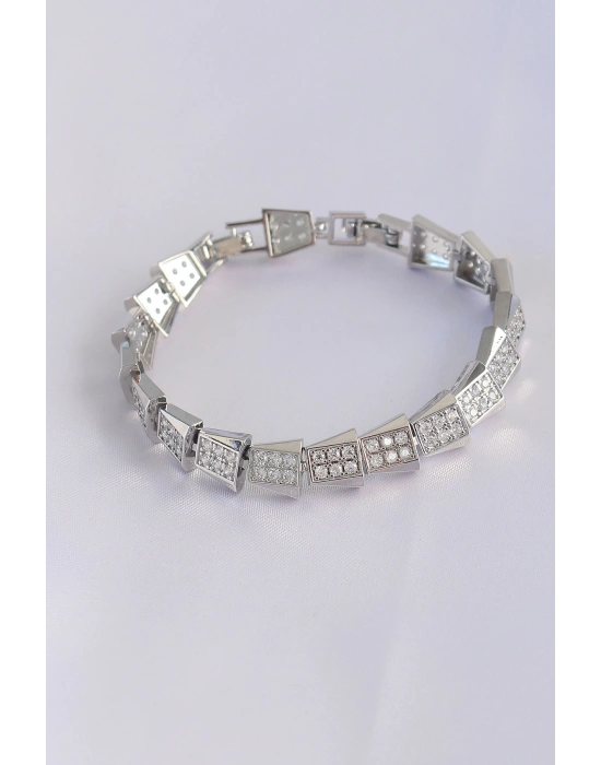 Vip Seri Pirinç Zirkon Taşlı Gümüş Renk Geometrik Bileklik