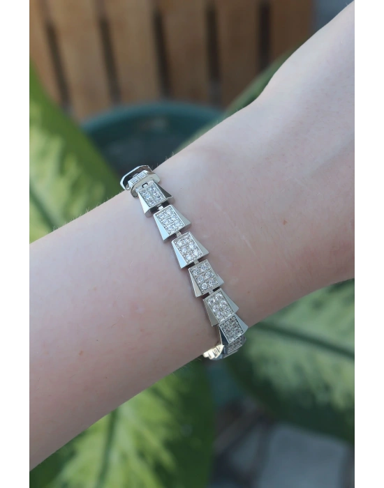 Vip Seri Pirinç Zirkon Taşlı Gümüş Renk Geometrik Bileklik