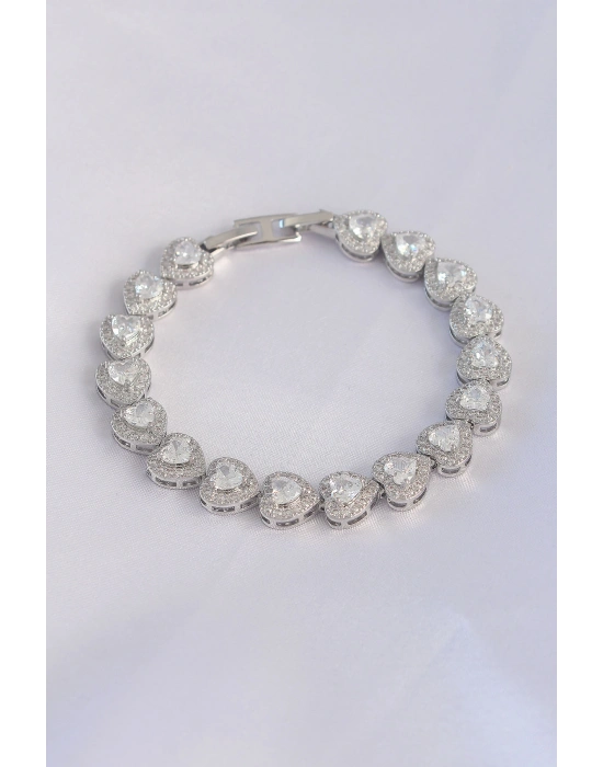 Vip Seri Pirinç Zirkon Taşlı Gümüş Renk Kalp Model Bileklik