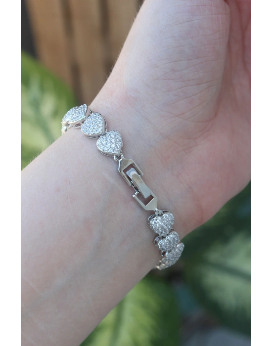 Vip Seri Pirinç Zirkon Taşlı Gümüş Renk Kalp Model Bileklik