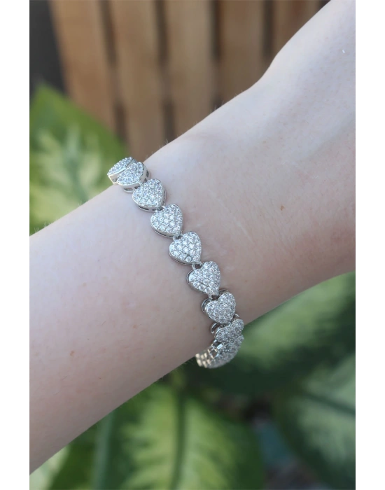 Vip Seri Pirinç Zirkon Taşlı Gümüş Renk Kalp Model Bileklik