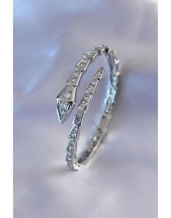 VIP Seri Yılan Model Gümüş Renk Kadın Kelepçe Bileklik