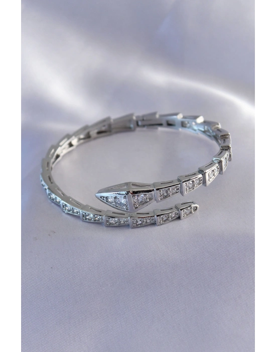 VIP Seri Yılan Model Gümüş Renk Kadın Kelepçe Bileklik