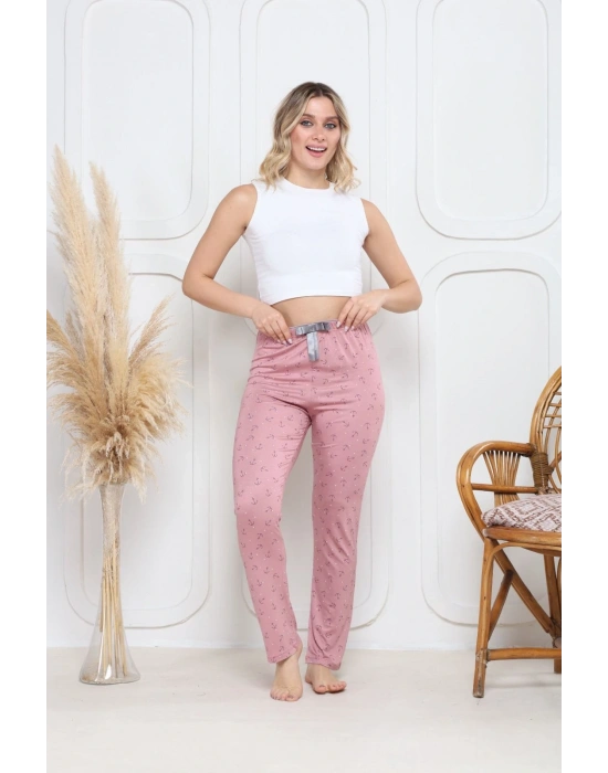Viskon likralı alt pijama demir pembe baskı desenli q6018