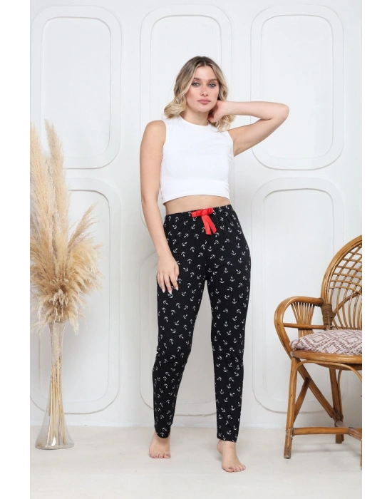 Viskon likralı alt pijama demir siyah baskı desenli q6018