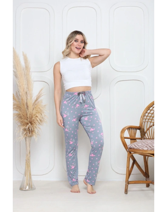 Viskon likralı alt pijama gri üzerine pembe kelebek baskı desenli q6018
