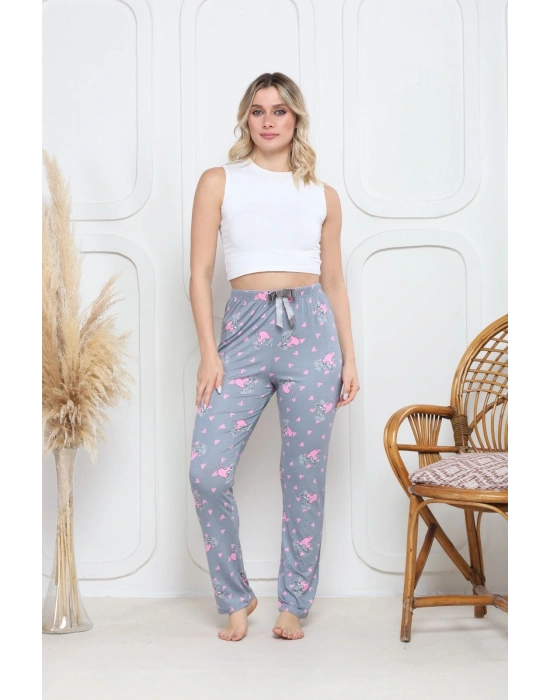 Viskon likralı alt pijama gri üzerine pembe kelebek baskı desenli q6018