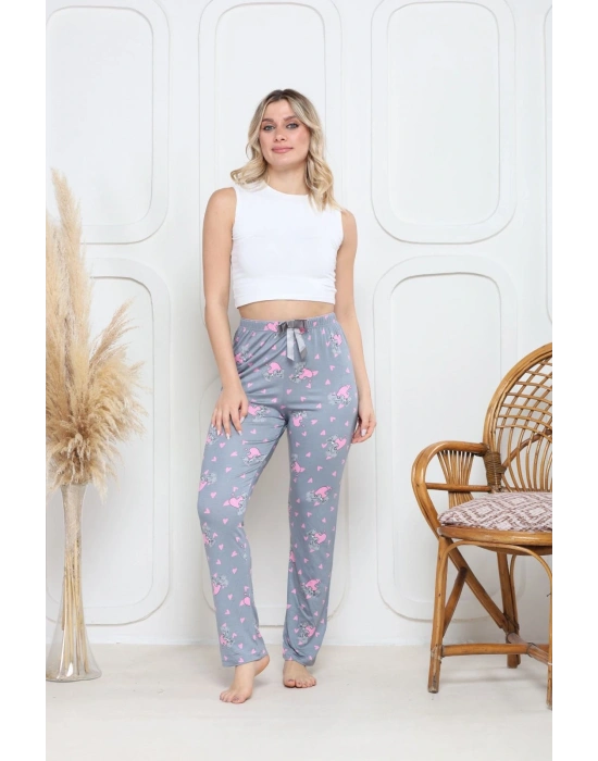 Viskon likralı alt pijama gri üzerine pembe kelebek baskı desenli q6018