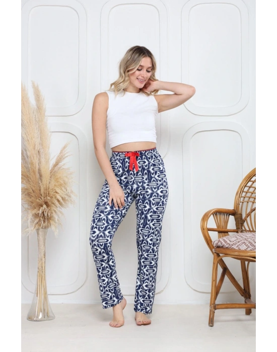 Viskon likralı alt pijama süzgülü lacivert baskı desenli q6018