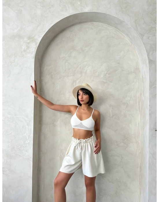 Volanlı keten şort bej s255058