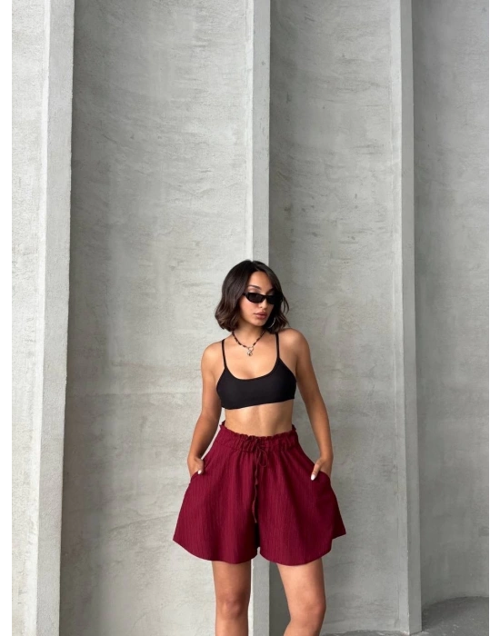 Volanlı keten şort bordo s255058