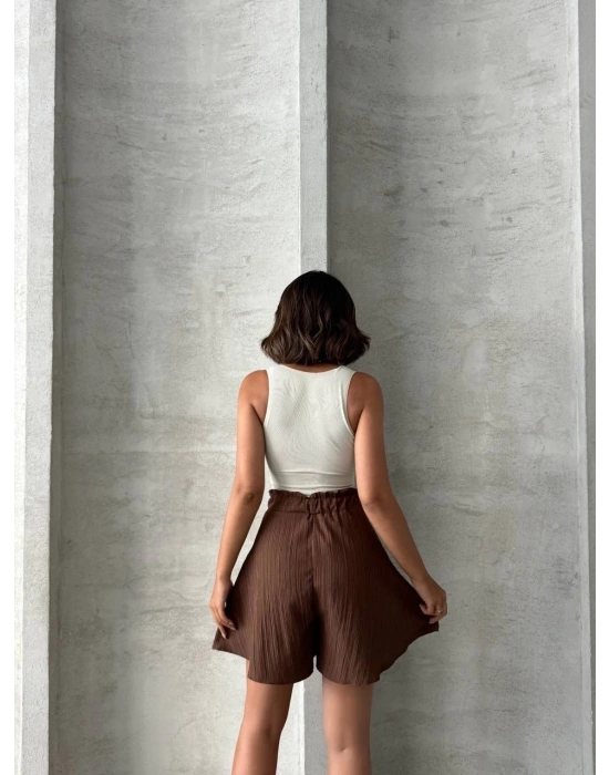 Volanlı keten şort kahve s255058