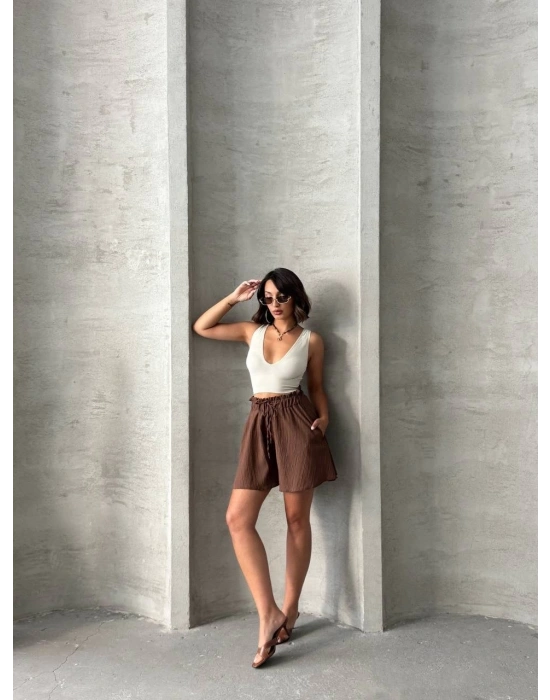 Volanlı keten şort kahve s255058