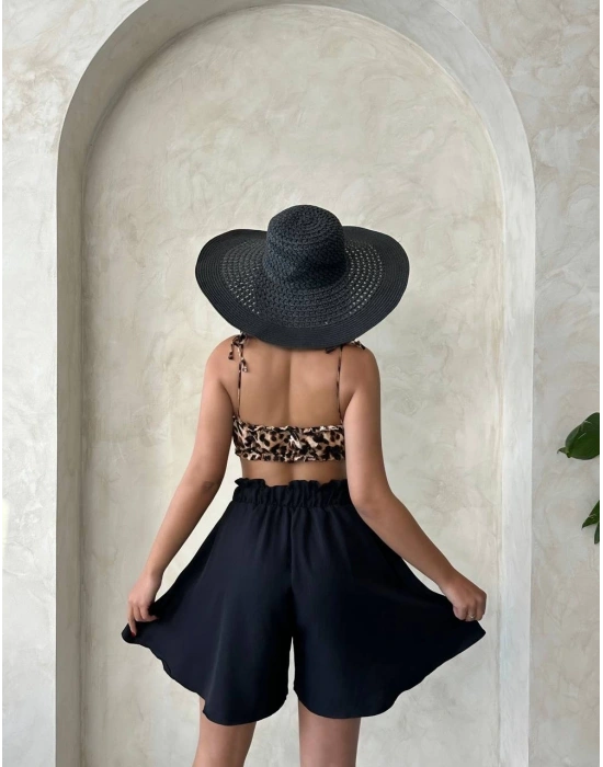 Volanlı keten şort siyah s255058