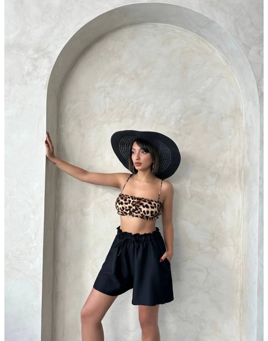 Volanlı keten şort siyah s255058